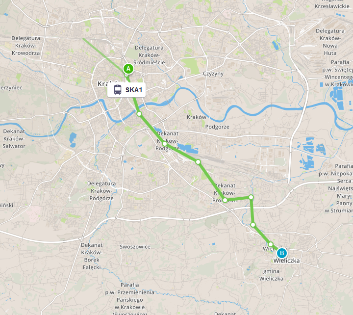 SKA1 mapa jak dojechac z Krakowa do Wieliczki